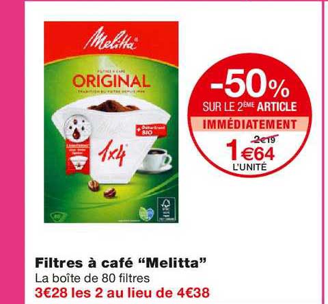 filtres à café melitta -50% sur le 2ème article immédiatement