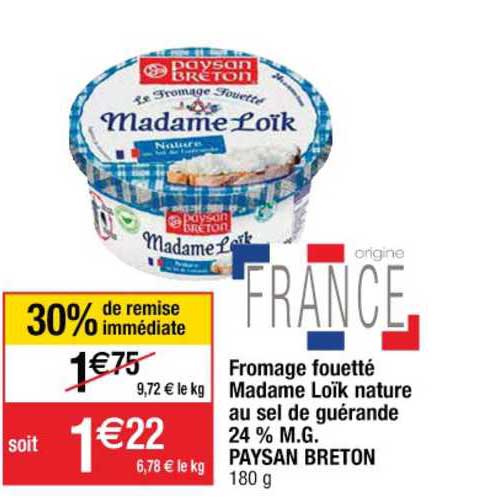 fromage fouetté madame loïk nature au sel de guérande 24% m.g. paysan breton 30% de remise immédiate