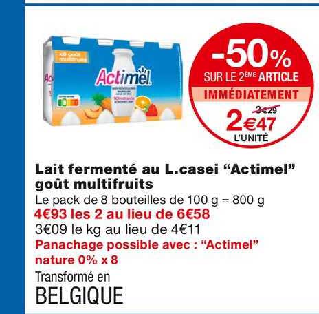lait fermenté au l. casei actimel goût multifruits -50% sur le 2ème article immédiatement
