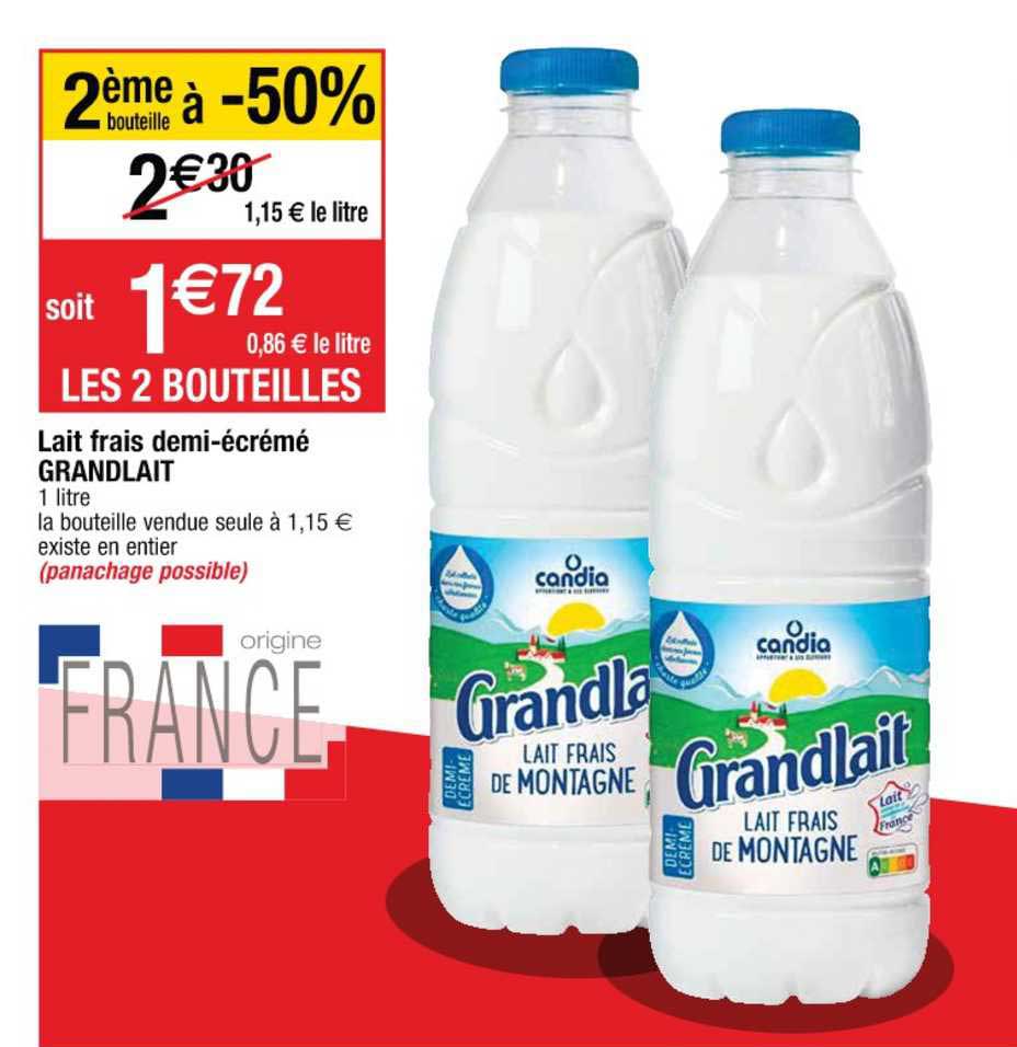 Lait Frais Demi écrémé Grandlait 2ème Bouteille à -50%