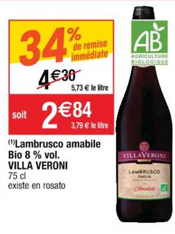 lambrusco amabile bio 8% vol. villa veroni 34% de remise immédiate