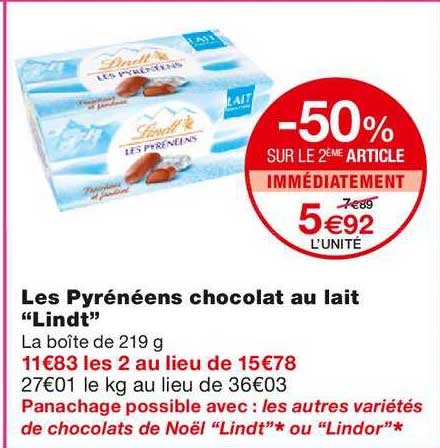 les pyrénéens chocolat au lait lindt -50% sur le 2ème article immédiatement