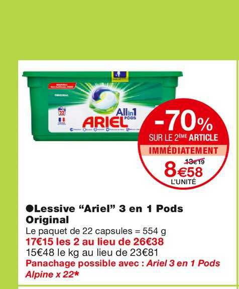 lessive ariel 3 en 1 pods original -70% sur le 2ème article immédiatement