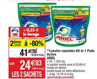 lessive capsules all in 1 pods active ariel 2ème sachet à -80%