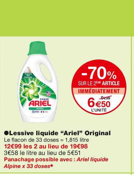 lessive liquide ariel original -70% sur le 2ème article immédiatement