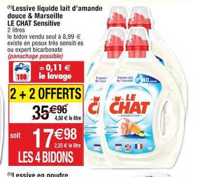 lessive liquide lait d'amande douce&marseille le chat sensitive 2+2 offerts
