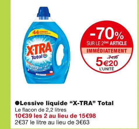 lessive liquide x tra total -70% sur le 2ème article immédiatement