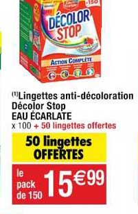 lingettes anti décoloration décolor stop eau écarlate 50 lingettes offertes