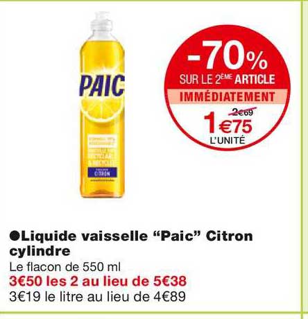 Liquide Vaisselle Paic Citron Cylindre -70% Sur Le 2ème Article Immédiatement