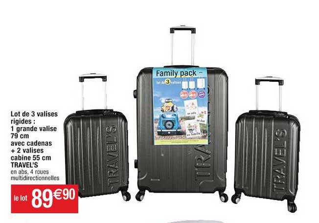 lot de 3 valises rigides : 1 grande valise 79 cm avec cadenas + 2 valises cabine 55 cm travel's