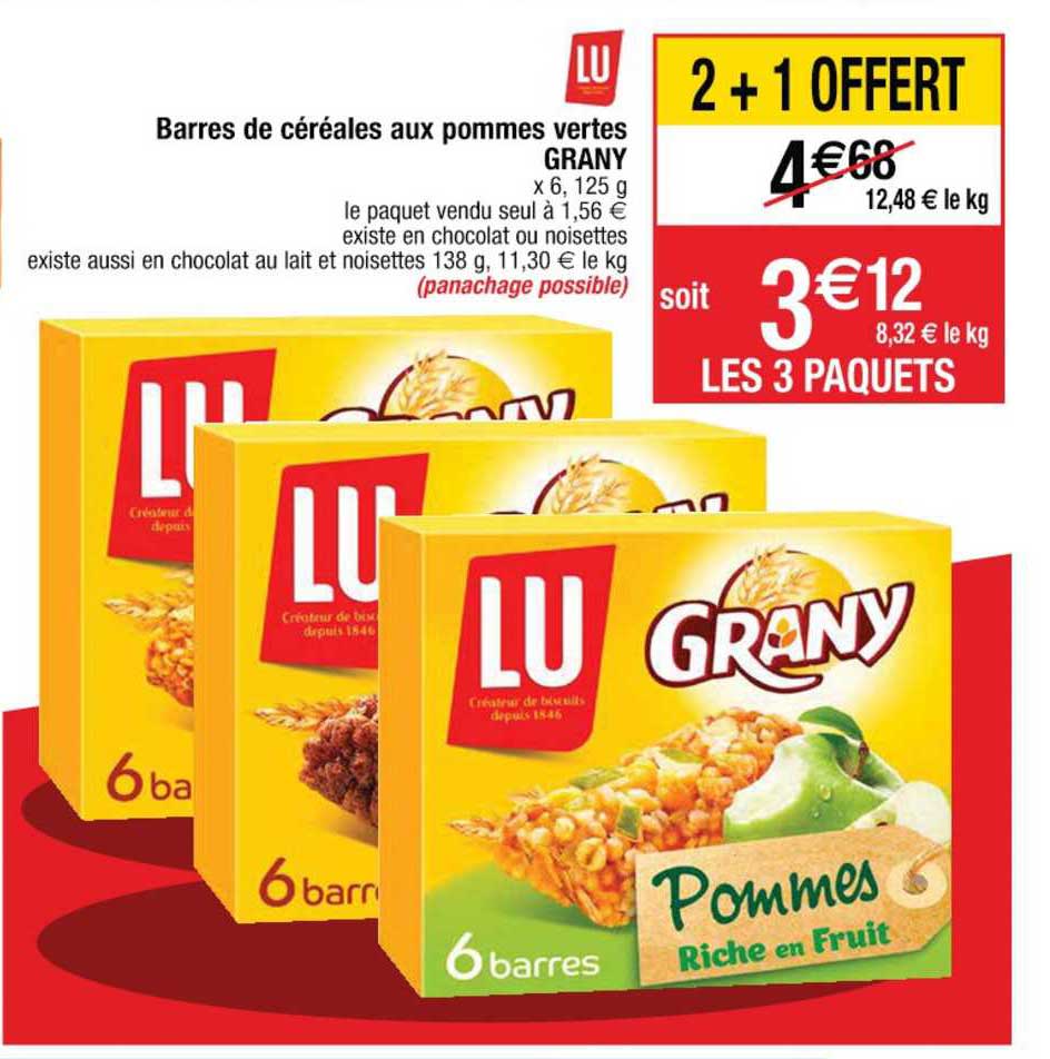 lu barres de céréales aux pommes vertes grany 2+1 offert