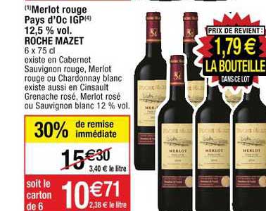 merlot rouge pays d'oc igp 12.5 vol. roche mazet 30% de remise immédiate