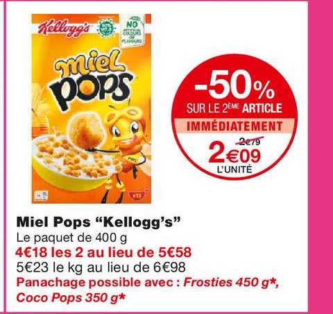miel pops kellogg's -50% sur le 2ème article immédiatement