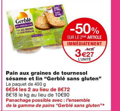 pain aux graines de tournesol sésame et lin gerblé sans gluten -50% sur le 2ème article immédiatement