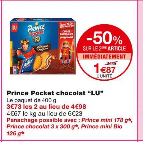 prince pocket chocolat lu -50% sur le 2ème article immédiatement