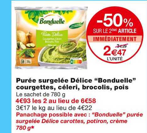 purée surgelée délice bonduelle courgettes céleri brocolis pois -50% sur le 2ème article immédiatement