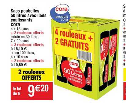 Sacs Poubelles 50 Litres Avec Liens Coulissants Cora 2 Rouleaux Offerts