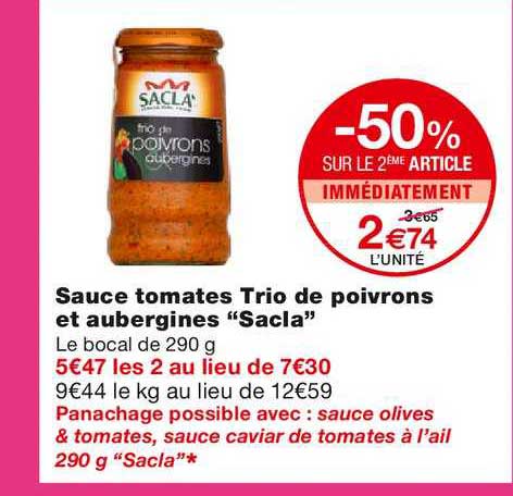 sauce tomates trio de poivrons et aubergines sacla -50% sur le 2ème article immédiatement