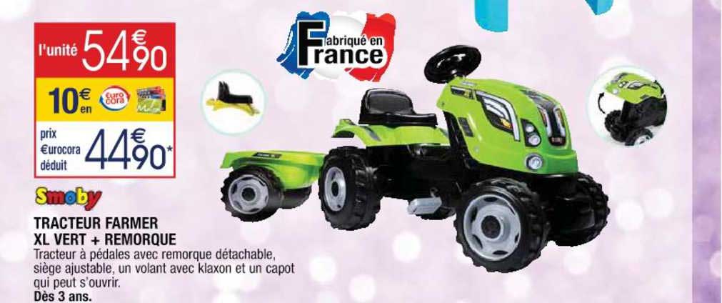 smoby tracteur farmer xl vert + remorque