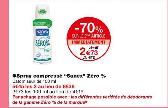 spray compressé sanex zéro % -70% sur le 2ème article immédiatement