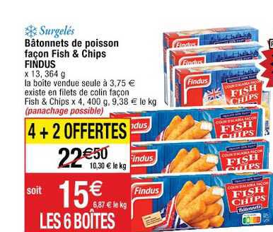 surgelés bâtonnets de poisson façon fish & chips findus 4+2 offertes