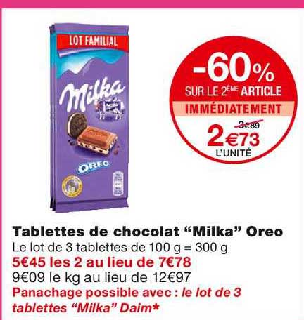 tablettes de chocolat milka oreo -60% sur le 2ème article immédiatement