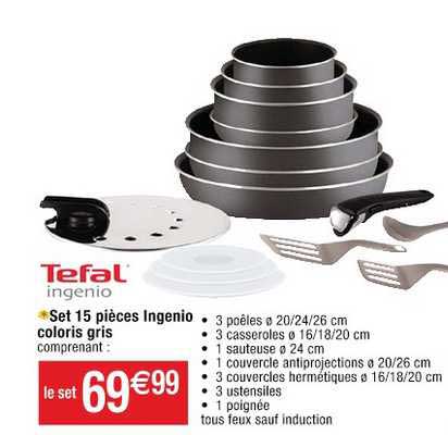 tefal ingenio set 15 pièces ingenio coloris gris