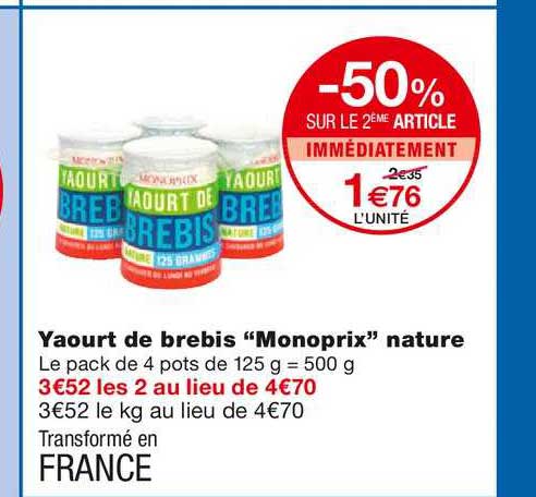 yaourt de brebis monoprix nature -50% sur le 2ème article immédiatement