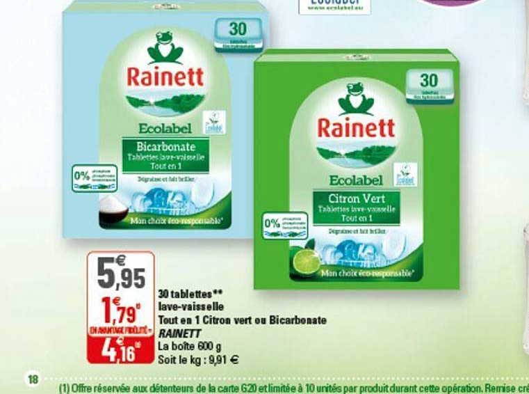 30 tablettes lave-vaisselle tout en 1 citron vert ou bicarbonate rainett