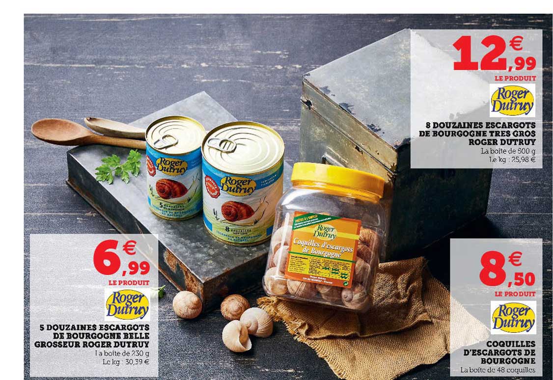 5 douzaines escargots de bourgogne belle grosseur roger dutruy, 8 douzaines escargots de bourgogne très gros roger dutruy, coquilles d'escargots de bourgogne