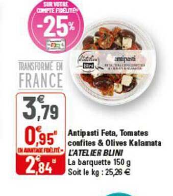 antipasti feta, tomates confites & olives kalamata l'atelier blini