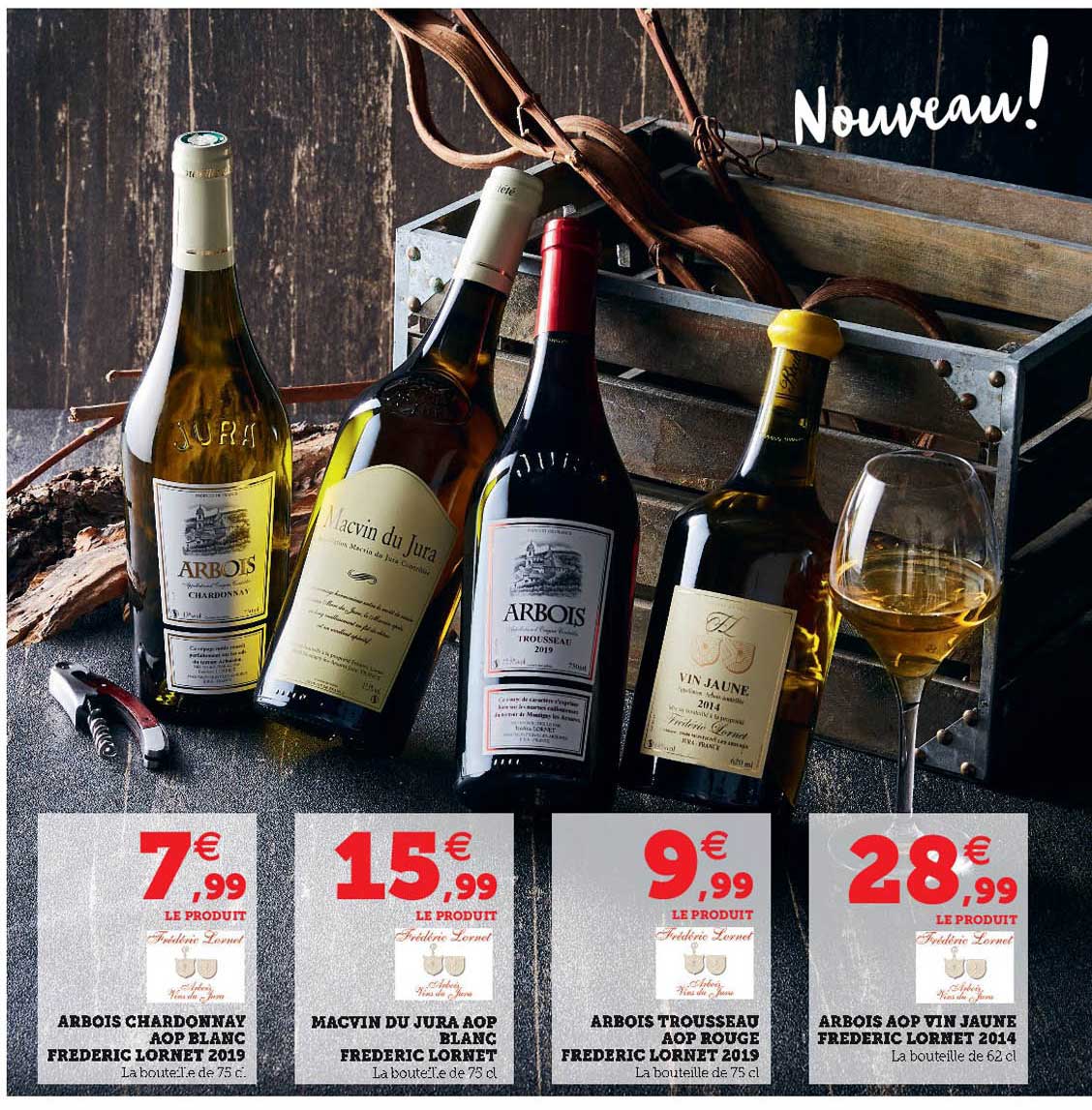 arbois chardonnay aop blanc frederic lornet 2019, macvin du jura aop blanc frediric lornet, arbois trousseau aop rouge frederic lornet 2019, arbois aop vin jaune frederic lornet 2014