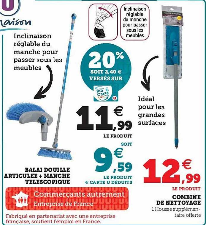 balai douille articulée + manche télescopique, combiné de nettoyage