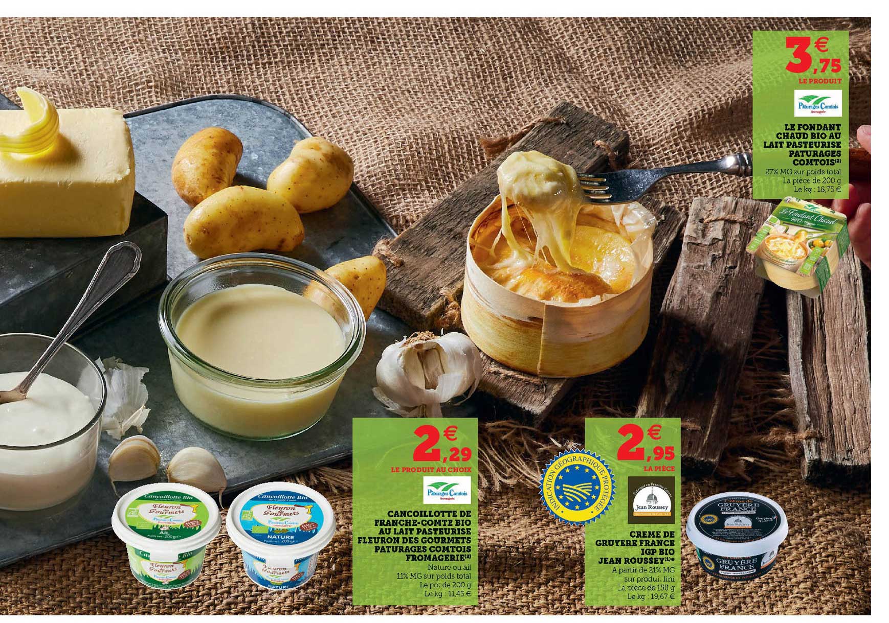 cancoillotte de franche-comté bio au lait pasteurisé fleuron des gourmets pâturages comtois fromagerie, crème de gruyère france igp bio jean roussey, le fondant chaud bio au lait pasteurisé