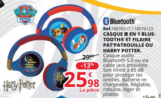 casque 2 en 1 bluetooth et filaire pat'patrouille ou harry potter