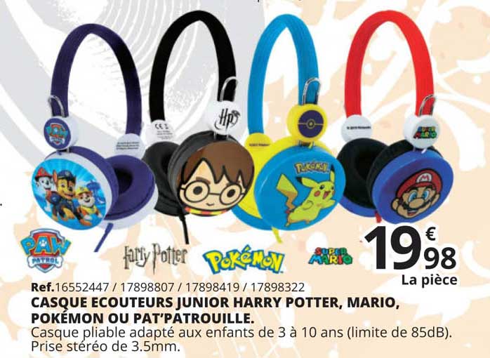 casque écouteurs junior harry potter mario pokémon ou pat'patrouille