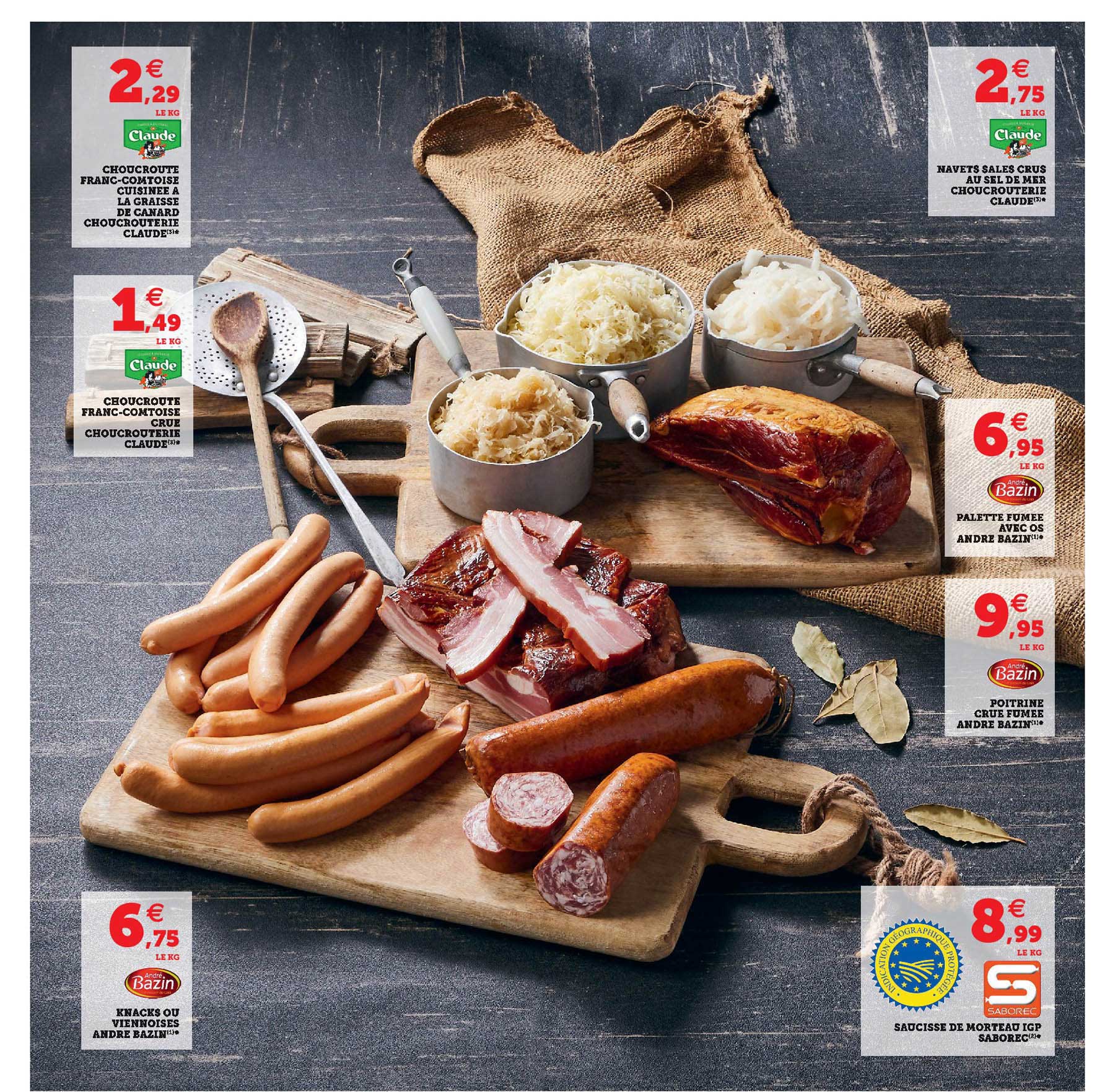 choucroute franc-comtoise cuisinée à la graisse de canard choucrouterie claude, choucroute franc-comptoise crue, navets salés crus au sel de mer, knacks ou viennoise andré bazin, palette fumée avec os