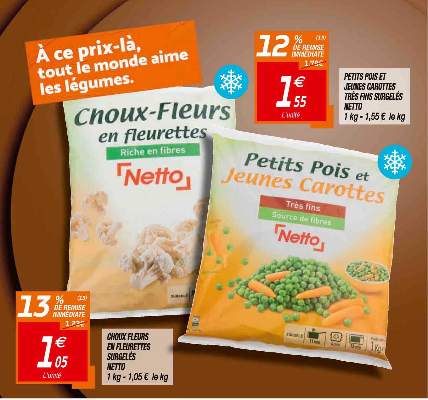 choux fleurs en fleurette surgelés netto, petit pois et jeunes carottes très fins surgelés netto