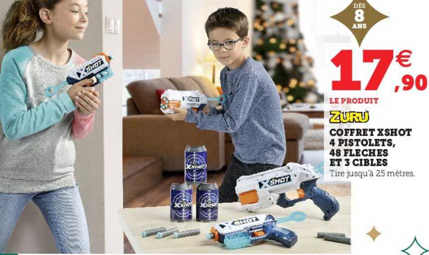 coffret xshot 4 pistolets, 48 flèches et 3 cibles zuru
