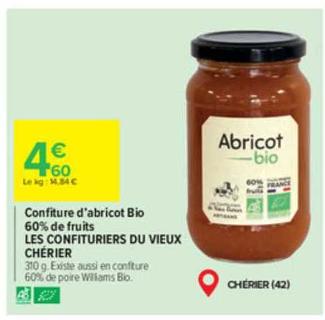 confiture d'abricot bio 60% de fruits les confituriers du vieux chérier