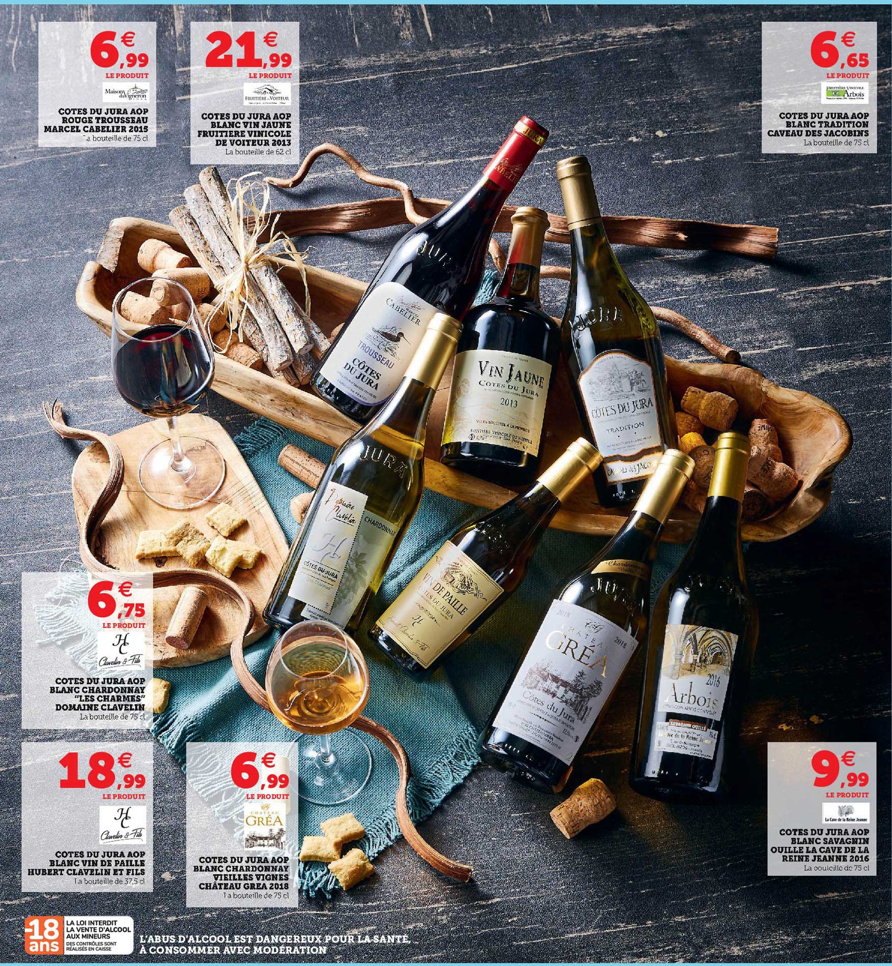 côtes du jura aop rouge trousseau marcel cabelier 2015, côtes du jura aop blanc vin jaune fruitière vinicole de voiteur 2013, côtes du jra aop blanc tradition château des jacobins