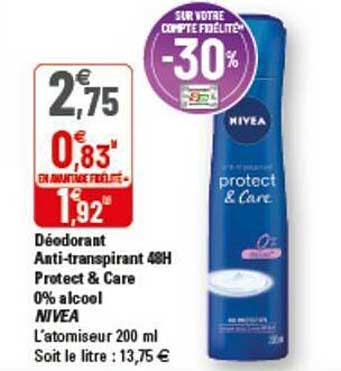 déodorant anti-transpirant 48h protect & care 0% alcool nivea
