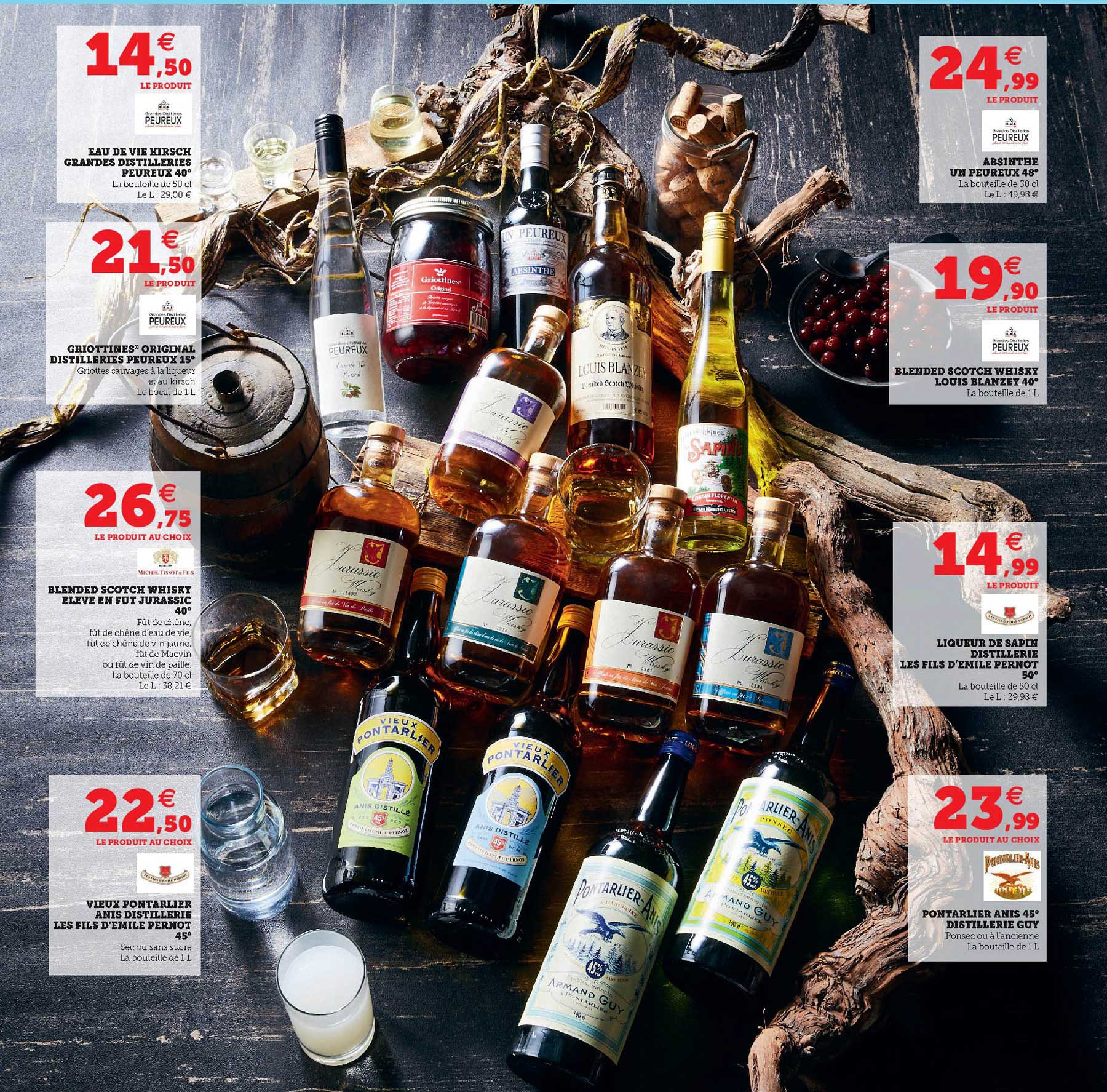 eau de vie kirsch grandes distilleries peureux 40°, grillotines original distilleries peureux 15°