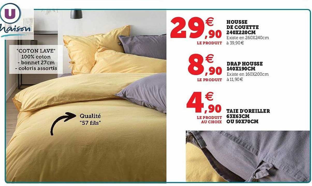 housse de couette 240 x 220 cm, drap housse 140 x 190 cm, taie d'oreiller 63 x 63 cm ou 50 x 70 cm