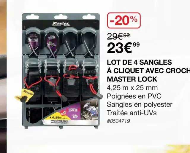 lot de 4 sangles  cliquet avec crochet master lock