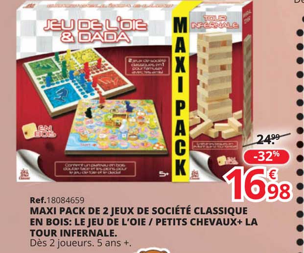 maxi pack de 2 jeux de société classique en bois: le jeu de l'oie petits chevaux+la tour infernale