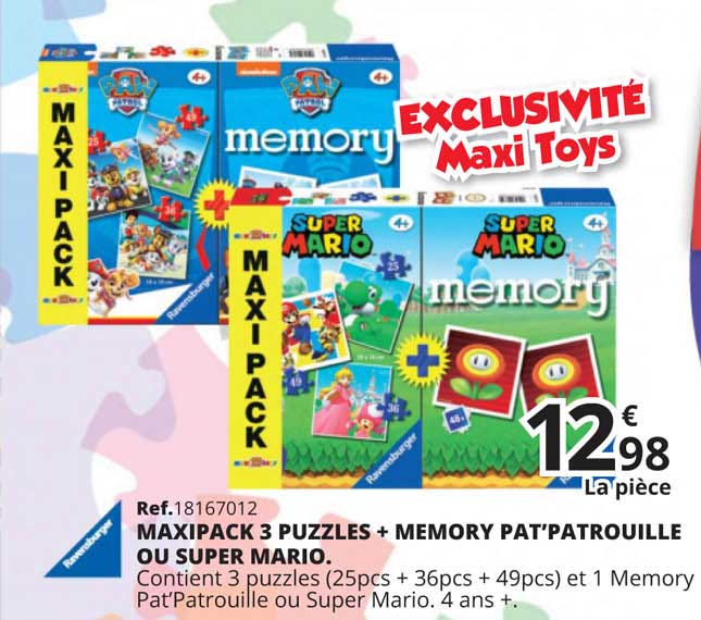 maxipack 3 puzzles + memory pat'patrouille ou super mario