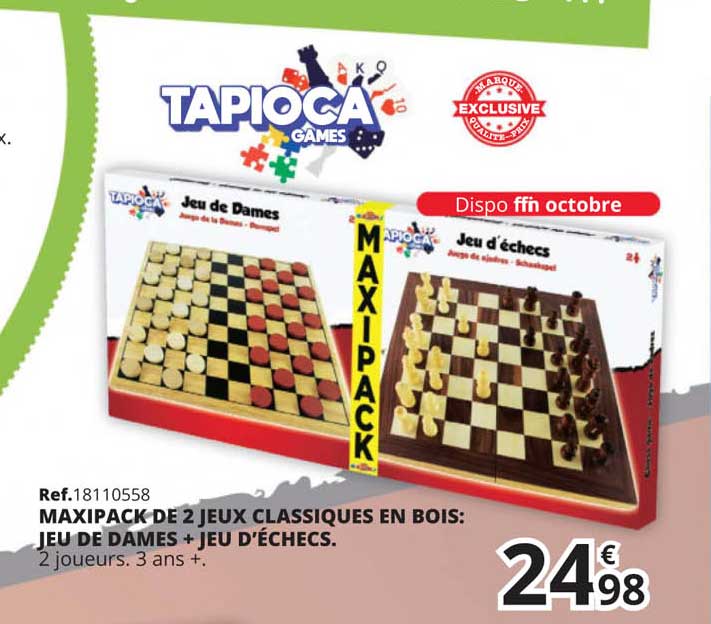 maxipack de 2 jeux classiques en bois: jeu de dames + jeu d'échecs