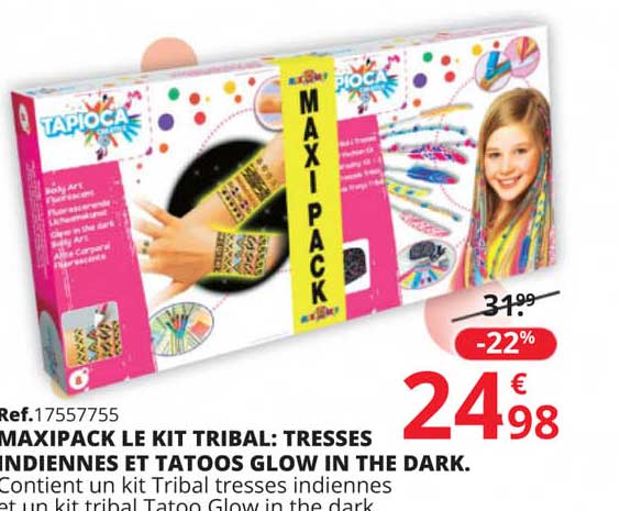 maxipack le kit tribal: tresses indiennes et tatoos glow in the dark