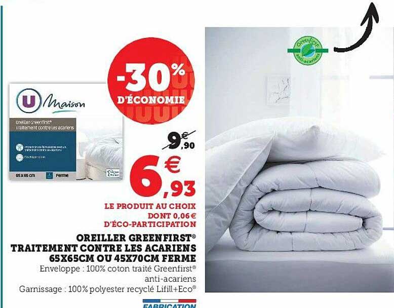 oreiller greenfirst traitement contre les acariens 65 x 65 cm ou 45 x 70 cm ferme